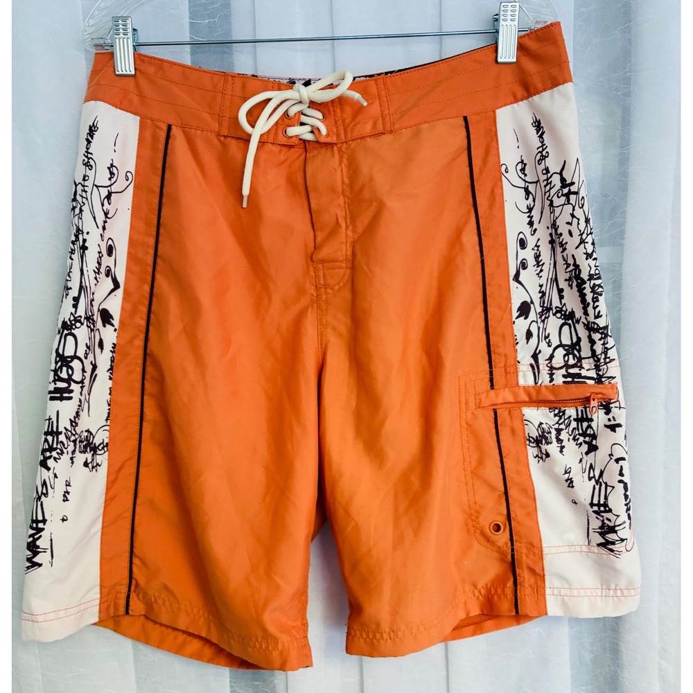 Old Navy Mens Orange Graffiti Print Board Shorts Swim Trunks Size L Mesh Lined